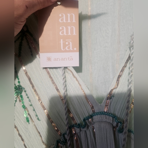 Ananta NWT Designer Dress Green Pleated Maxi Sundress with Bishop Sleeves L/XL - Picture 4 of 8